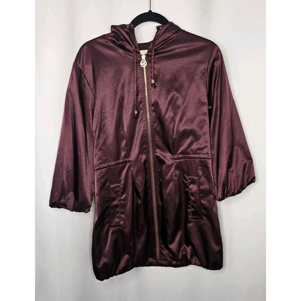 MICHAEL KORS FANCY PURPLE HOODED ANORAK CINCH-WAIST RAINCOAT LONG JACKET P/M